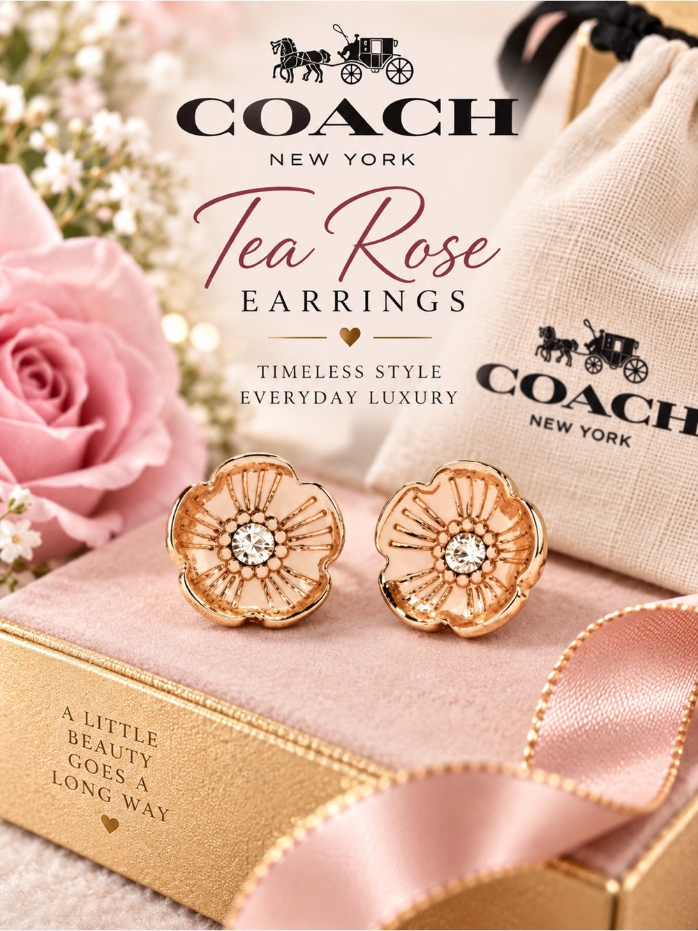 COACH Tea Rose Pattern Gold Toned Stud Earrings With Dust Bag | Dainty Roses